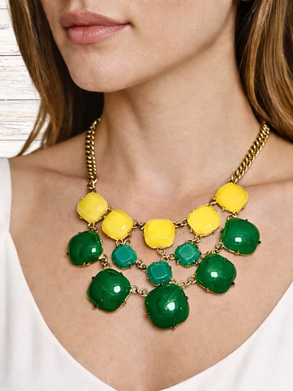 STATEMENT NECKLACE Bib Design in Gold Tone, Yellow and Green Cabochons Retro